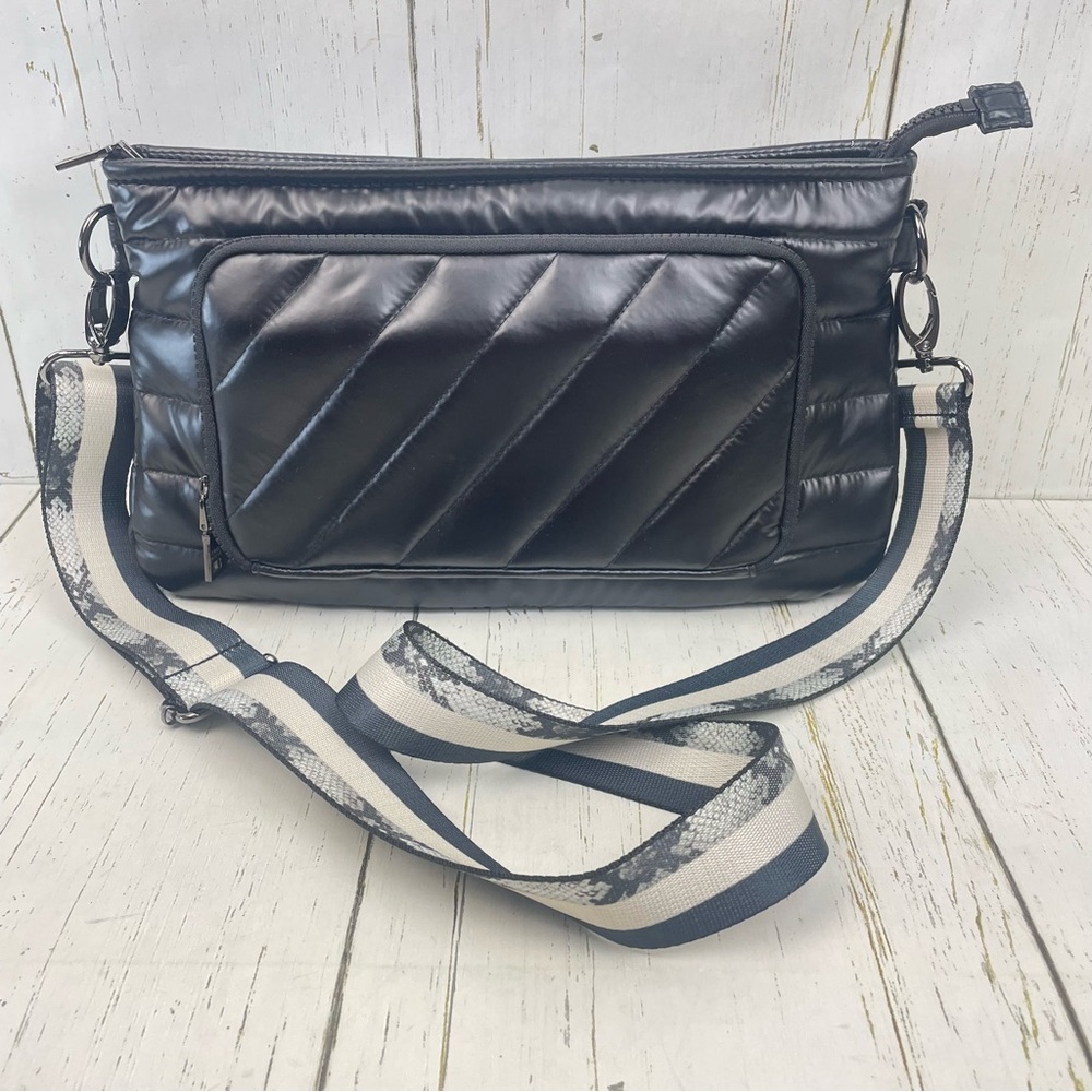 THINK ROYLN Black Quilted Crossbody Bag with Striped Strap